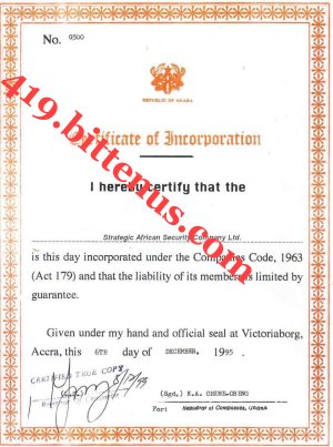 Strategic African Security Co. Incorp. Certificate